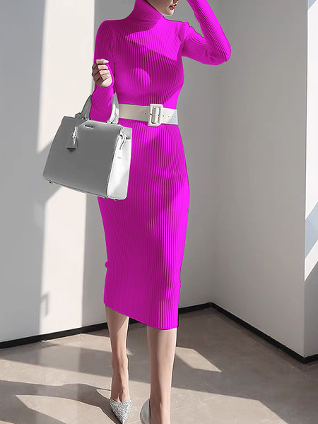High Elasticity Turtleneck Long Sleeve Elegant Sweater Midi Dress With No Belt, Rose red, Midi Dresses
