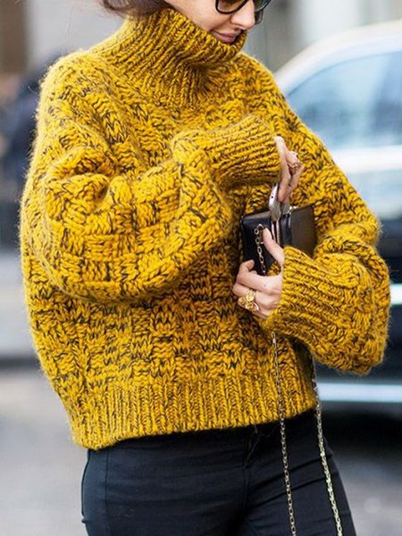 Urban Plain Turtleneck Long Sleeve Sweater, Yellow, Pullovers