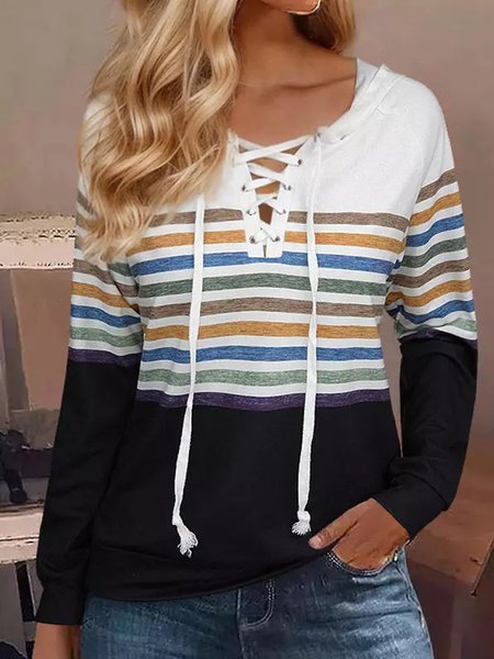 Striped Loose Casual V Neck T-Shirt, Black, T-Shirts