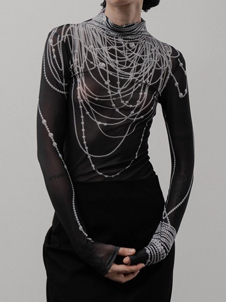 Abstract Half Turtleneck Shirt, Black, Blouses and Shirts