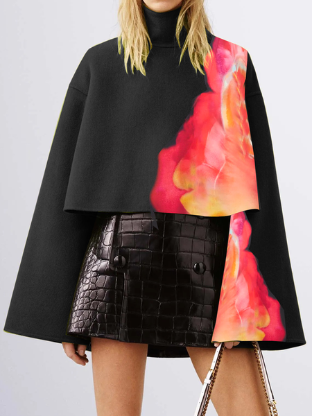 Loose Stand Collar Long Sleeve Abstract Urban Shirt, Black, Blouses and Shirts
