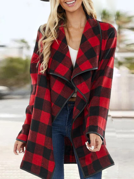 Women’s Casual Plaid Shawl Collar Loose Coat, Red, Outerwear