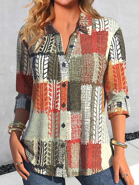Loose Casual Plaid Shirt Collar Blouse, Multicolor, Long sleeves