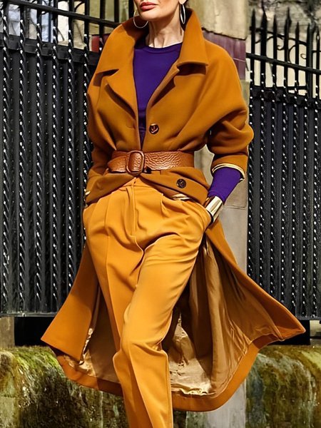 Plain Regular Fit Urban Lapel Collar Coat, Yellow, Coats