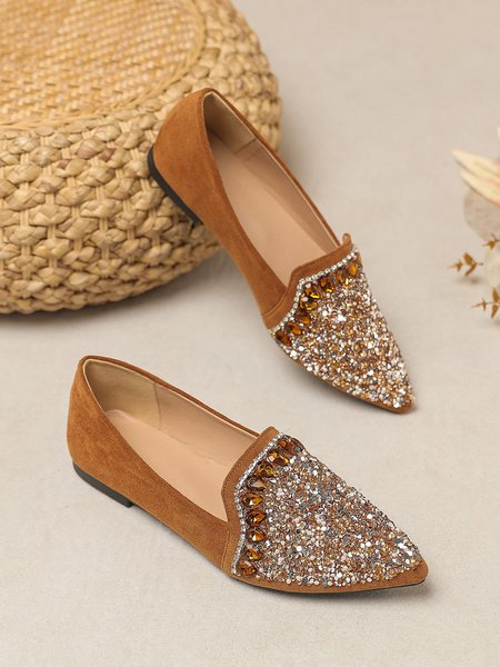 Gorgeous Rhinestone Sequined Pointed Toe Flat Shoes, Brown, Flats