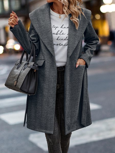 Shawl Collar Long Sleeve Striped Regular Micro-Elasticity Loose Coat For Women, Black, Coats