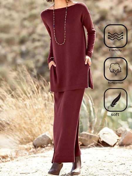 Pocket Stitching Cotton-Blend Casual Loose Two-Piece Set, Wine red, Suits