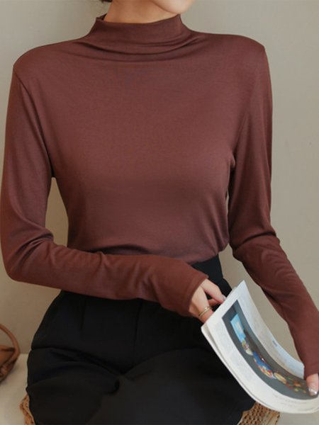 Regular Fit Casual Jersey Half Turtleneck T-Shirt, Brown, T-Shirts