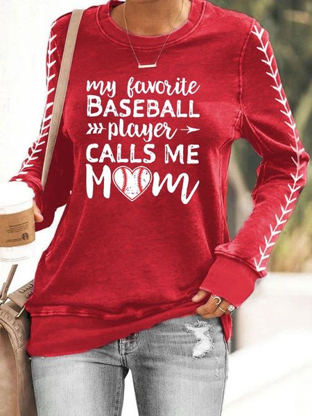 Casual Heart/Cordate Crew Neck Long Sleeve T-shirt, Red, T-shirts