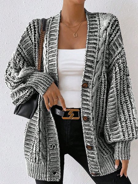 

Plain Wool/Knitting Casual Solid Button Front Cable Knit Cardigan, Black, Sweaters & Cardigans