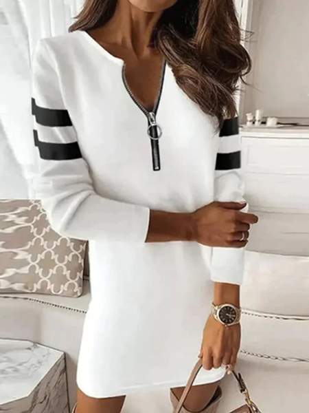 Women Striped Long Sleeve Comfy Casual Midi Sweashirt Dress, White, Dresses
