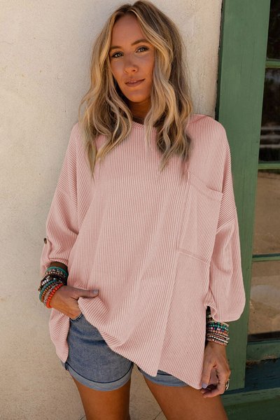 Casual Crew Neck Plain Sweatshirt, Pink, Hoodies & Sweatshirts