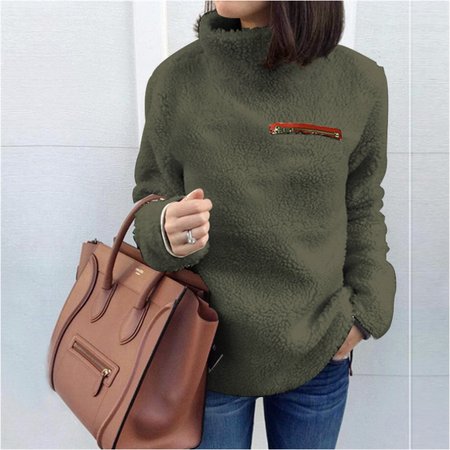 Stand Collar Regular Sleeve Casual Plain Zipper Shirt, Army green, Long Sleeves
