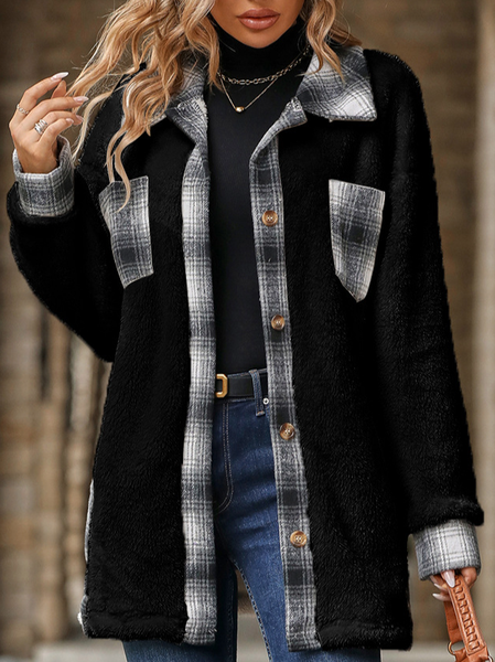 Coral Velvet Plaid Shawl Collar Casual Teddy Jacket, Black, Outerwear