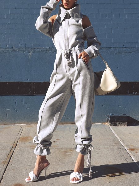 Turtleneck Plain Urban Long Sleeve Regular Fit Jumpsuit, Gray, Jumpsuits