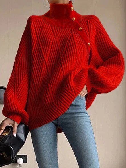 Buckle Loose Casual Acrylic Sweater, Red, Sweaters & Cardigans