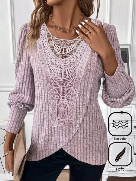 Women Plain Crew Neck Casual Long Sleeve T-shirt, Pink, Blouses & Shirts