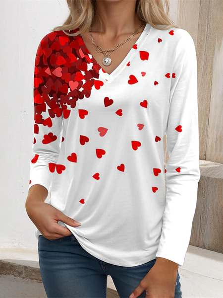 V Neck Heart/Cordate Casual T-Shirt, Red, T-Shirts