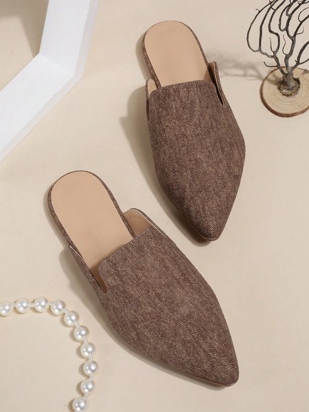 Women Minimalist Flat Heel Canvas Mules, Brown, Flats