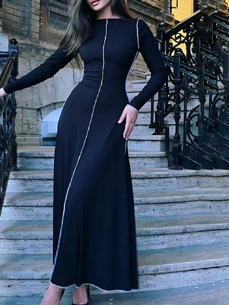 Long Sleeve Color Block Regular Fit Urban Dress, Black, Maxi Dresses