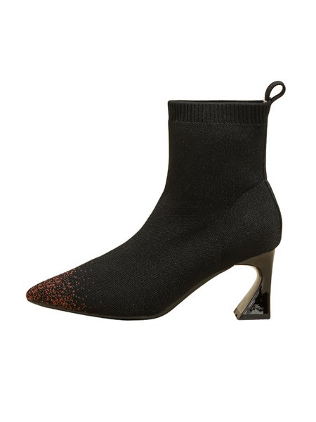 Color-block Breathable Mesh Fabric Spool Heel Sock Boots, Black, Boots