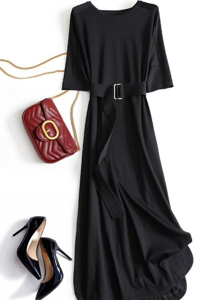 Women Plain Crew Neck Short Sleeve Comfy Casual Midi Dress, Black, Maxi