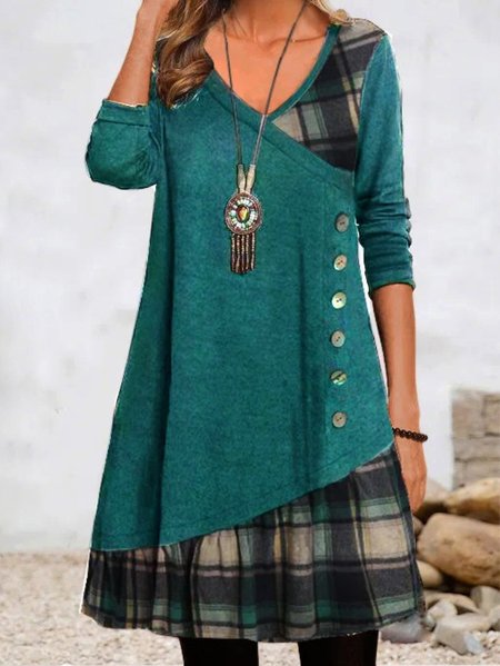 Loose Casual V Neck Plaid Dress With No, Blue, Midi Dresses