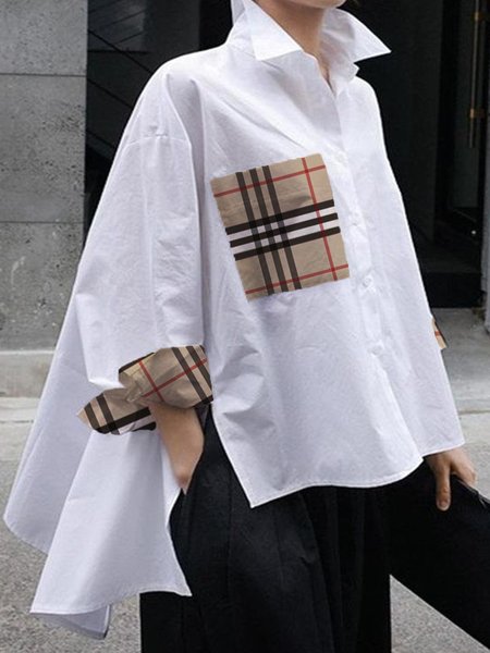 

Casual Daily Shirt Collar Loose Split Joint Plaid Blouse, White, Blouses and Shirts