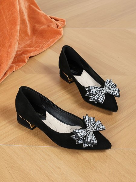 Elegant Imitation Pearl Rhinestone Bowknot Low Heel Shallow Shoes, Black, Heels