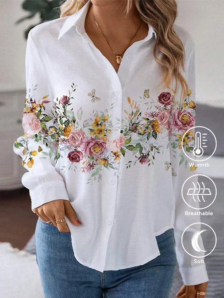 

Casual Shawl Collar Loose Floral Blouse, White, Blouses & Shirts