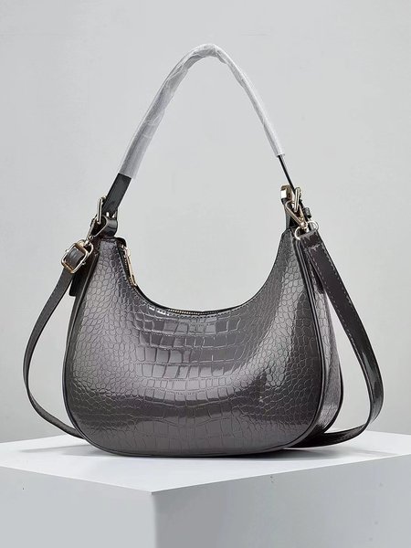Minimalist Embossed PU Leather Underarm Bag with Crossbody Strap, Gray, Bags