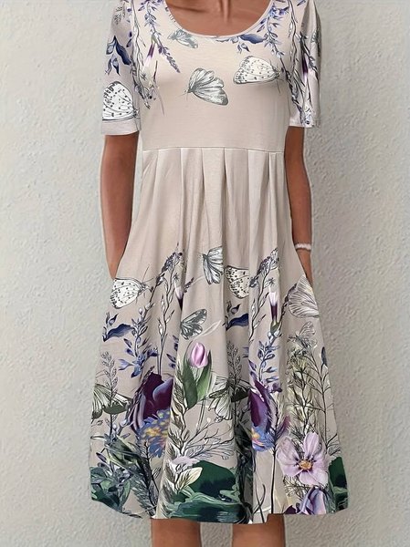 Loose Crew Neck Casual Butterfly Dress, Apricot, Dresses