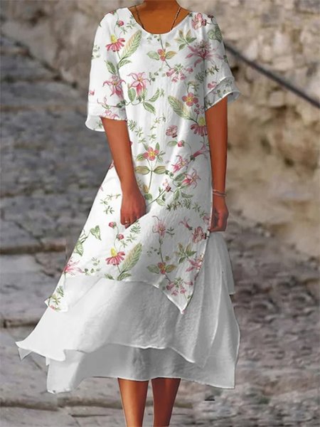 

Vacation Loose Floral Dress, White, Dresses