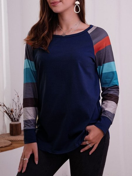 Striped Long Sleeve Casual T-Shirt, Navy blue, T-Shirts