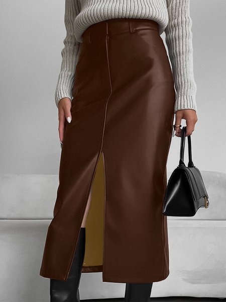 Simple Pu Plain Regular Fit Skirt, Brown, Skirts