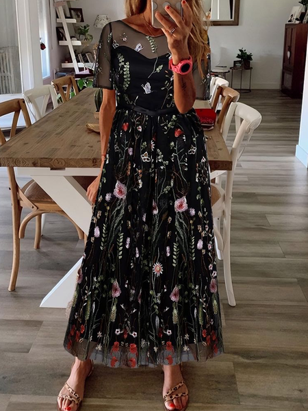 Women Embroidery Patterns Crew Neck Short Sleeve Comfy Casual Midi Dress, Black, Dresses
Women Embroidery Patterns Crew Neck Short Sleeve Comfy Casual Midi Dress, Black, Dresses