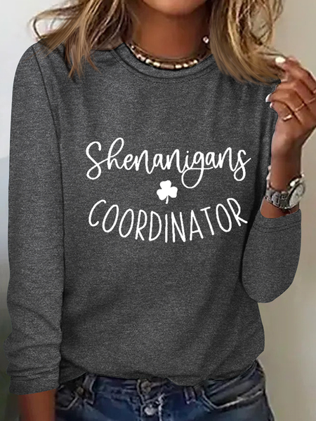 

Women's Shenanigans Coordinator St. Patrick's Day Casual Long Sleeve Text Letters Simple Shirt, Gray, Blouses
