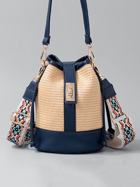 

Handmade Straw Bags Vacation Color-block Shoulder Bag with Ethnic Cross-body Strap, Deep blue, Bags