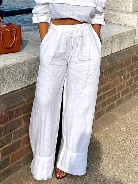 Vacation Plain Loose Long Wide leg Pants, White, Pants