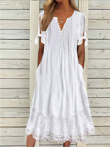 

Plain Loose Buttoned Elegant Dress, White, Dresses