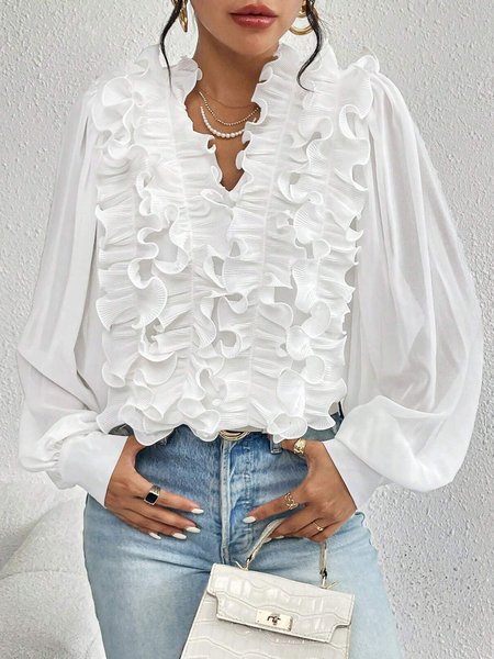 V Neck Long Sleeve Plain Regular Loose Blouse For Women, White, Blouses