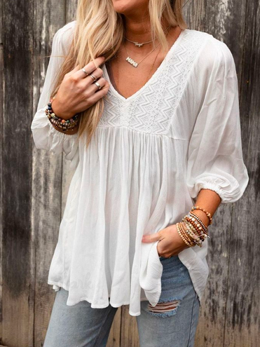 Lace Simple Cotton-Blend Plain V Neck Linen Style Shirt, White, Blouses & Shirts
Lace Simple Cotton-Blend Plain V Neck Linen Style Shirt, White, Blouses & Shirts