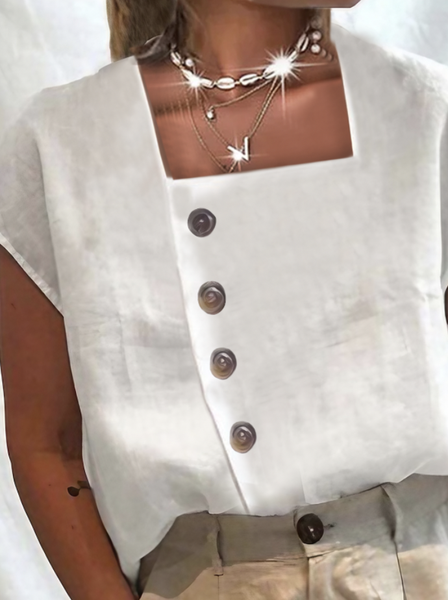 Plain Square Neck Simple Linen Style Blouse, Off white, Blouses & Shirts