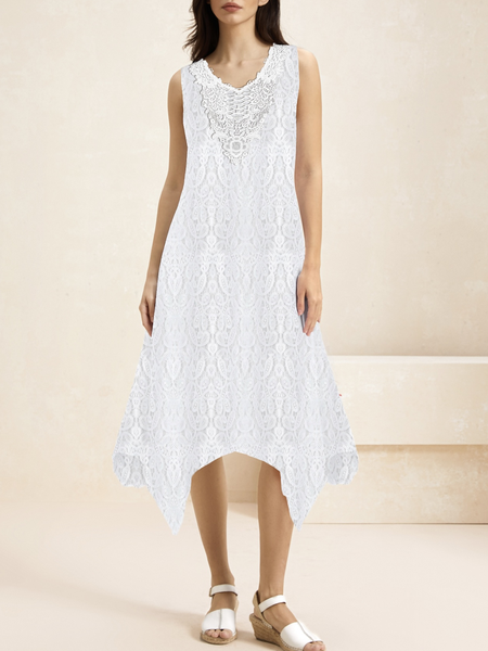 Women Plain V Neck Sleeveless Comfy Casual Lace Midi Dress, White, Dresses