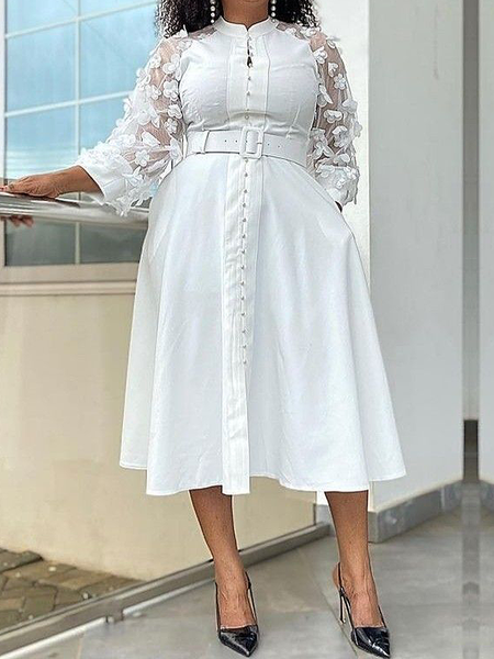 Elegant Stand Collar Three Quarter Sleeve Midi Dress With Belt, White, Midi Dresses
Elegant Stand Collar Three Quarter Sleeve Midi Dress With Belt, White, Midi Dresses