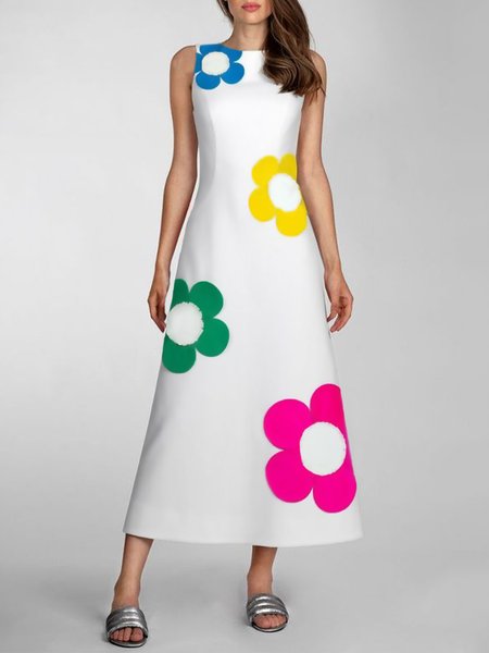 Regular Fit Elegant Floral Crew Neck Dress, White, Maxi Dresses
