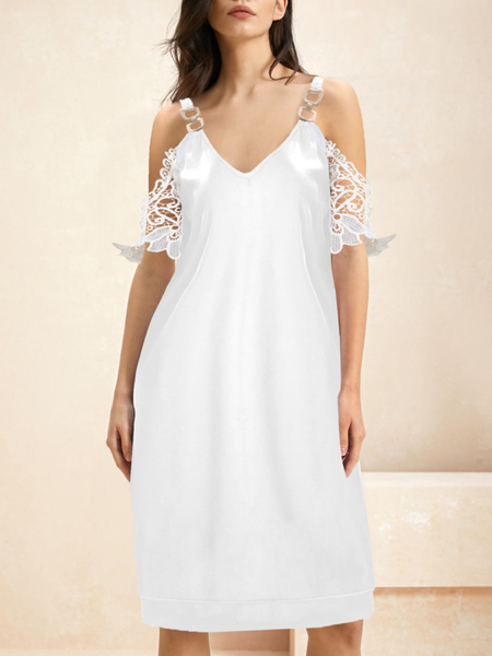 Women Plain V Neck Short Sleeve Comfy Casual Lace Short Dress, White, Dresses