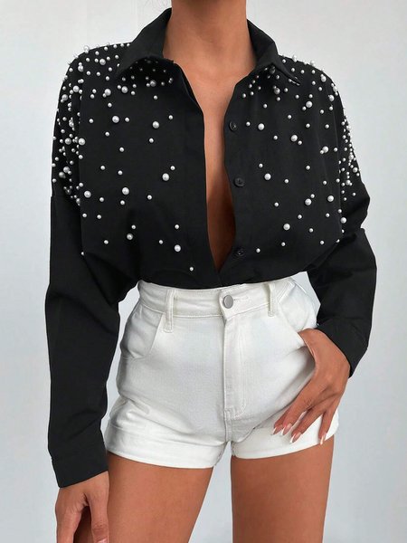 Shirt Collar Long Sleeve Plain Beaded Regular Loose Blouse For Women, Black, Blouses
