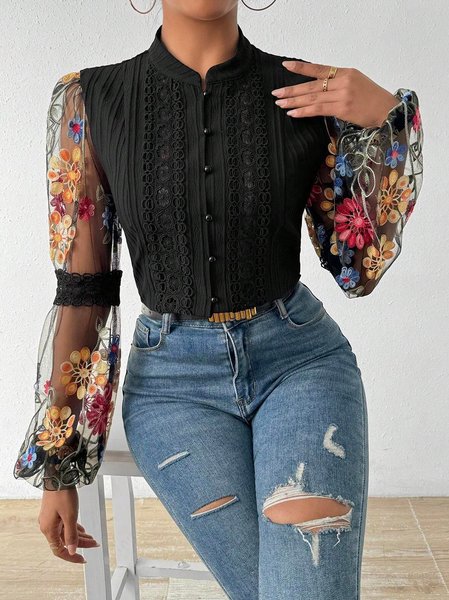 Stand Collar Long Sleeve Floral Mesh Regular Loose Blouse For Women, Black, Blouses
Stand Collar Long Sleeve Floral Mesh Regular Loose Blouse For Women, Black, Blouses