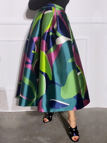 Elegant High Waist Abstract Regular Fit Umbrella Skirt, Green, Skirts